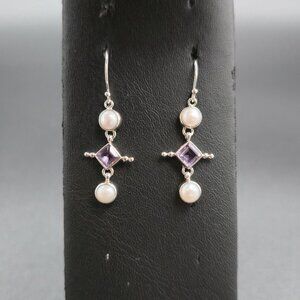 Sterling Silver Genuine Pearls With Amethyst Gem Earrings A6697